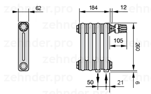 Схема (чертеж) Радиатор Zehnder Charleston 2026/4 №V002 Белый глянцевый RAL 9016